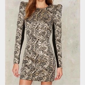 NASTY GAL COLLECTION BLACK & GOLD BROCADE LONG SLEEVE MINI DRESS SIZE XXS